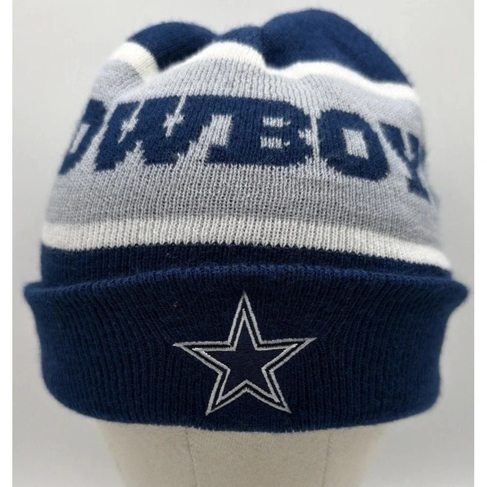 Dallas Cowboys Knit Beanie Hat 100% Acrylic Navy Blue, Gray & White Winter Cap.